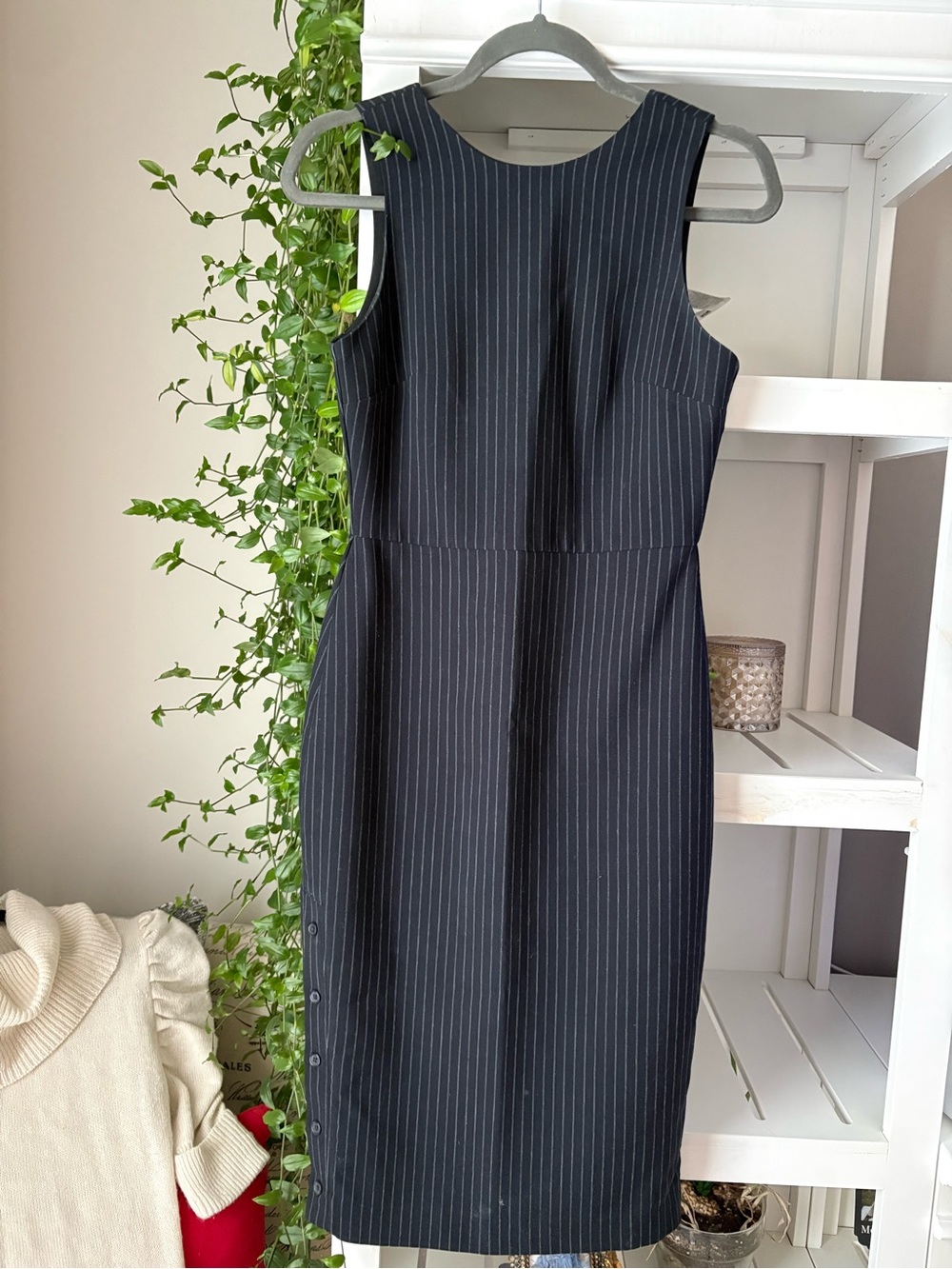 Classic Sleeveless Pinstripe Sheath Dress - Navy - Picture 3 of 13